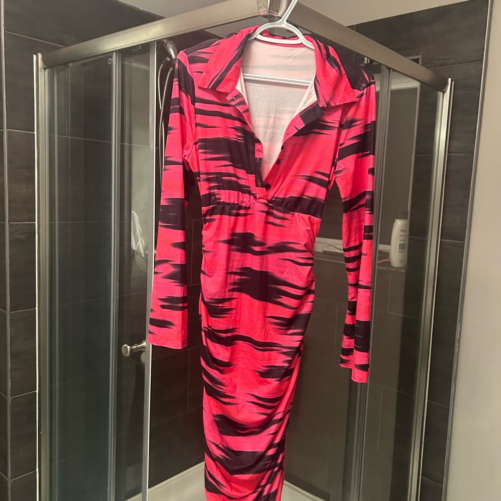 Bodycon Pink and Black Long Sleeve Dress